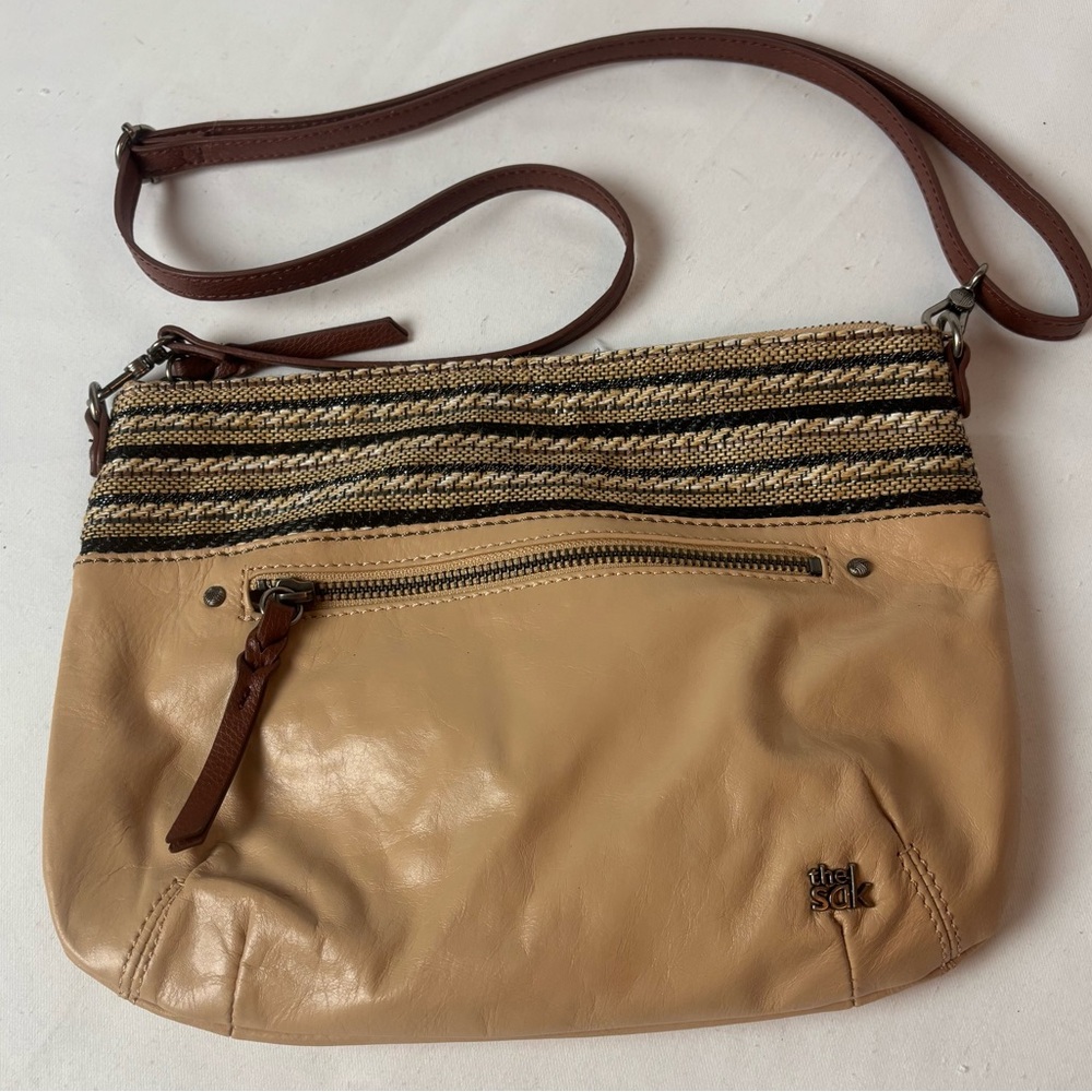 The Sak Oleta Leather Crossbody Beige Black Stripe Southwest Aztec Handbag